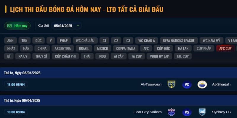 Website cập nhật lịch tranh tài nhiều giải lớn